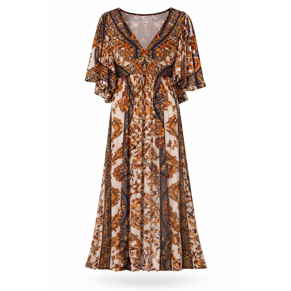 Free People Boho Paisley Floral Maxi Dress Orange Black White Butterfly Sleeve 2